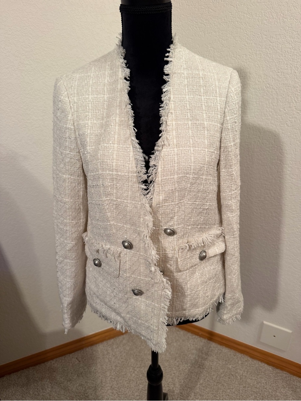 Express Off-White Fringe Tweed Double-Breasted Blazer and Matching Skirt